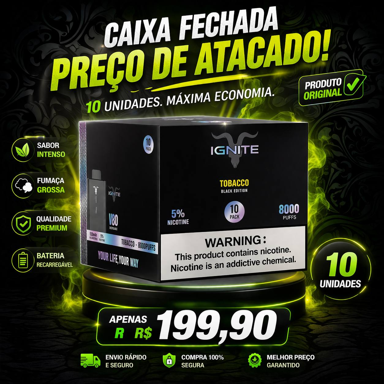 Caixa Fechada Ignite V80 Tobacco — 10 unidades